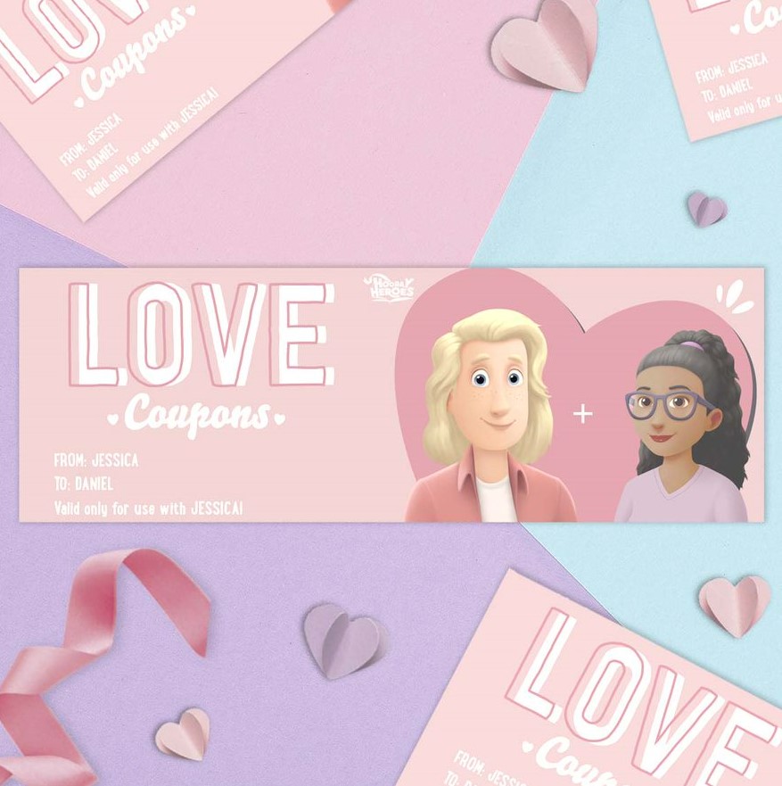 Free Hooray Heroes personalized love coupons for couples.