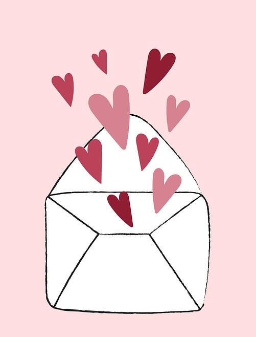 An envelope filled with hearts being sent for Valentine's Day.