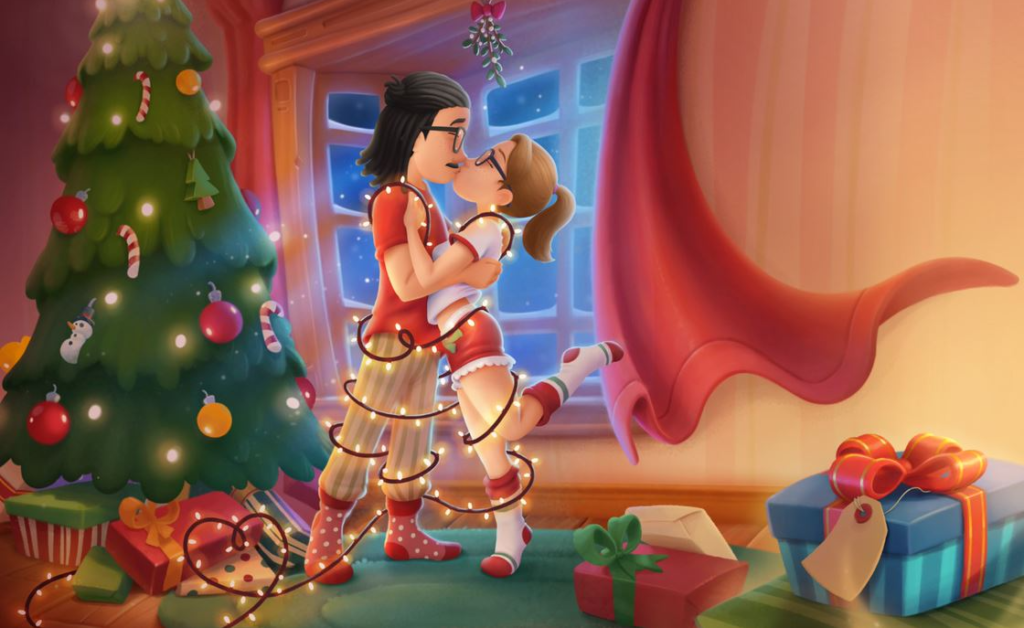 An illustration from a Hooray Heroes personalized Christmas love book for couples.
